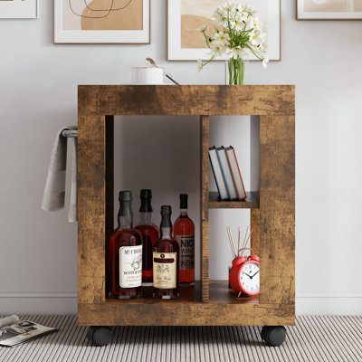Mid-century Modern Brown Movable Side Cabinet With Storage Shelf