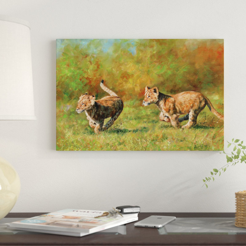 « lion oursons running », impression sur toile, H 26 po x l 40 po x P 1,5 po, Toile tendue, Pas de tapis