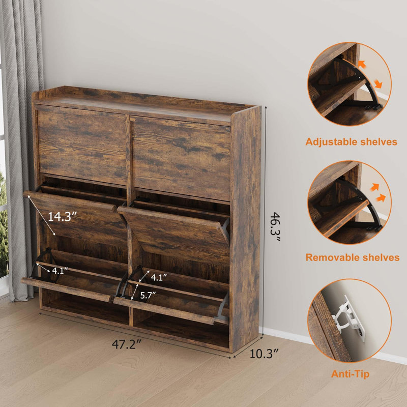 18-40 Pair Shoe Storage Cabinet With 2/3/4/6 Flip Drawers, Brown