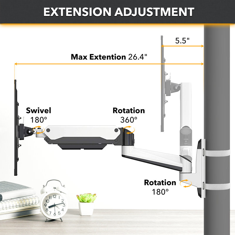 White Full Motion Gas Spring Monitor Mount for 15-32 Inch Screens