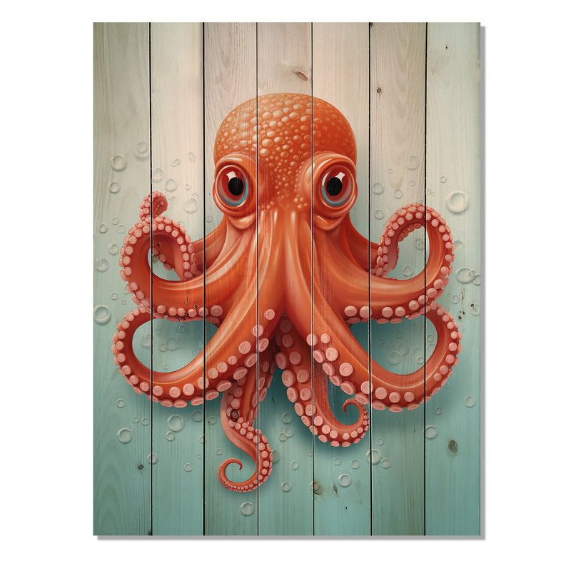 Élégance tentacule orange et bleu - pieuvre / calmar sur bois, H 20 po x l 10 po