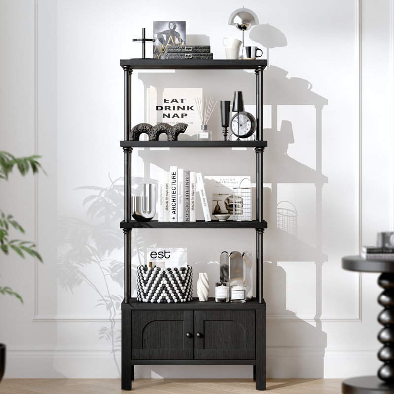 Small Odilia With Door 54 Inches Wood Bookcase Black Book Shelf With Storage Cabinet Heavy-Duty Shelving Board Aesthetic Display Shelving Unit For Living Room/Office