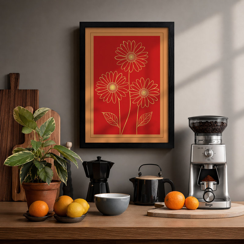 Golden Daisy Stems Botanical - Framed Print, Black, A3 - 42.0 x 29.7 cm