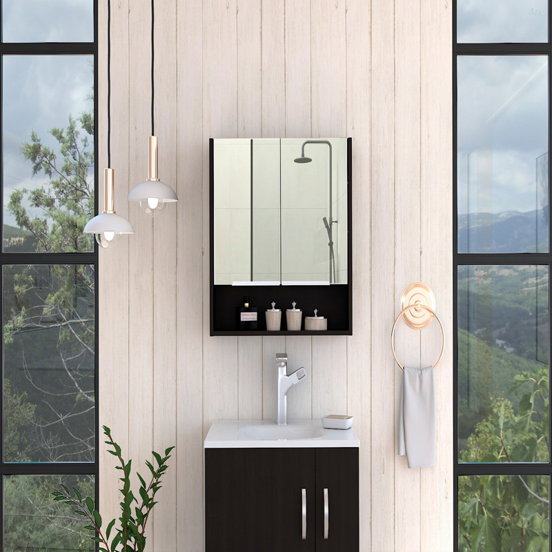 Armoire à miroir, trois tablettes internes, une tablette ouverte, armoire à deux portes, Noir