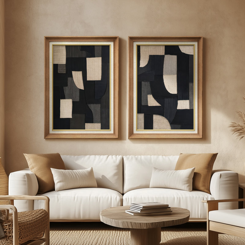 Ensemble de 2 reproductions d'art moderne encadrées sur fond noir et beige à motif géométrique moderne 26 po x 36 po, Naturel