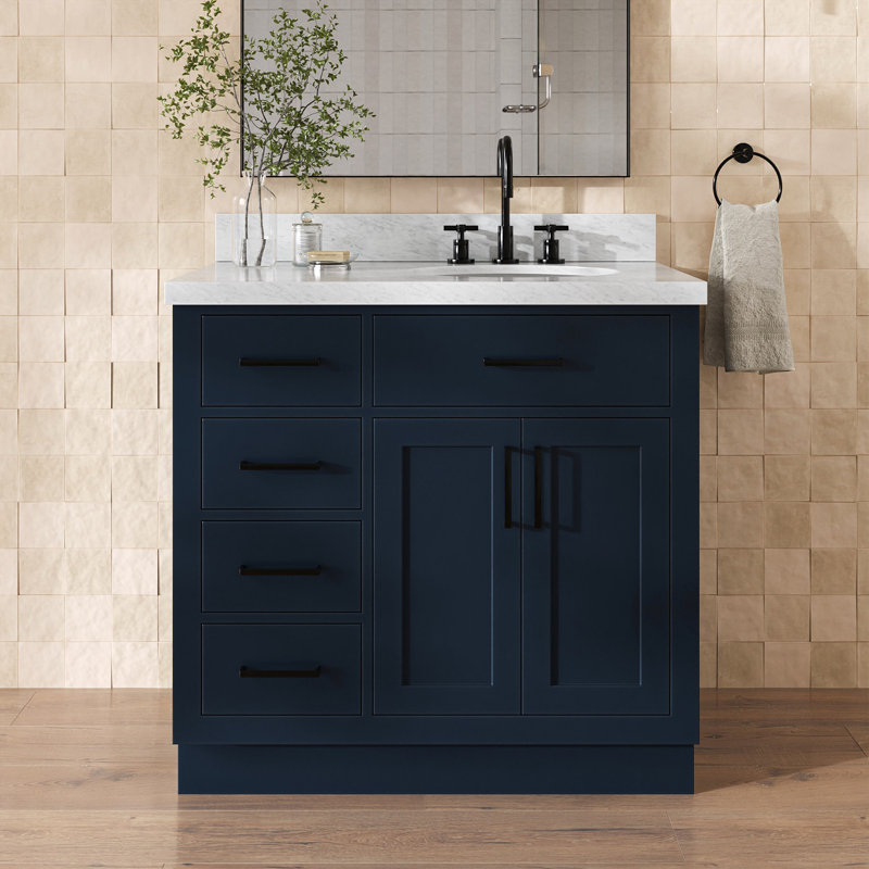 ARIEL HEPBURN 37 IN RIGHT OFFSET RECTANGULAR SINK VANITY 1,5 IN, Midnight Blue, Oval, Right