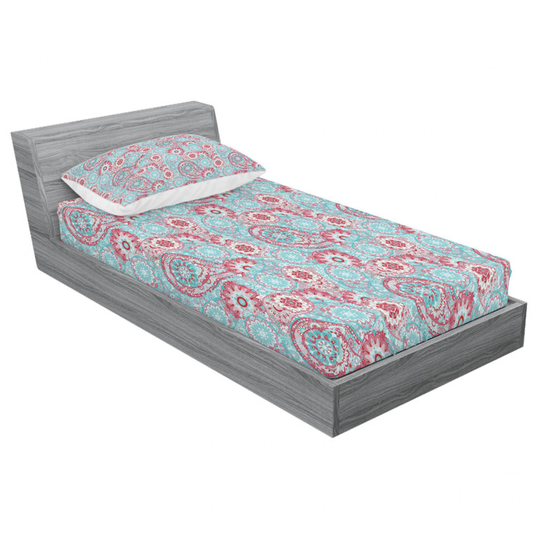 Ensemble de draps à motif cachemire, Ensemble de draps pour lit simple avec drap-housse, Oriental Spring Flowers Paisley