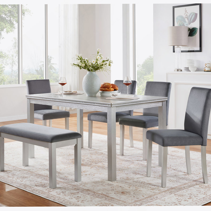 Ensemble de table de salle à manger 6 pièces en bois avec chaises rembourrées et banc, idéal pour les dîners de famille et les rassemblements formels, avec décoration en cristal