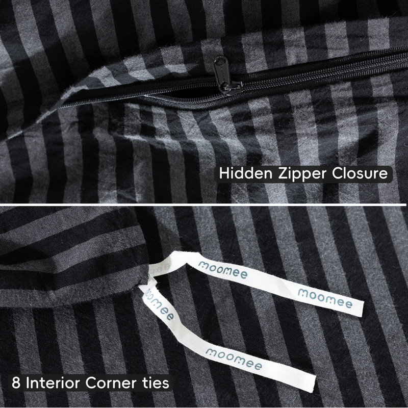 MooMee Striped Duvet Cover Set 100% Washed Cotton Linen Like Textured, King Duvet Cover + 2 King Pillowcases
