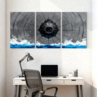 Nautical & Beach Submarine In Tunnel With Water Reflection Set of 3 Canvas Wall Art Prints