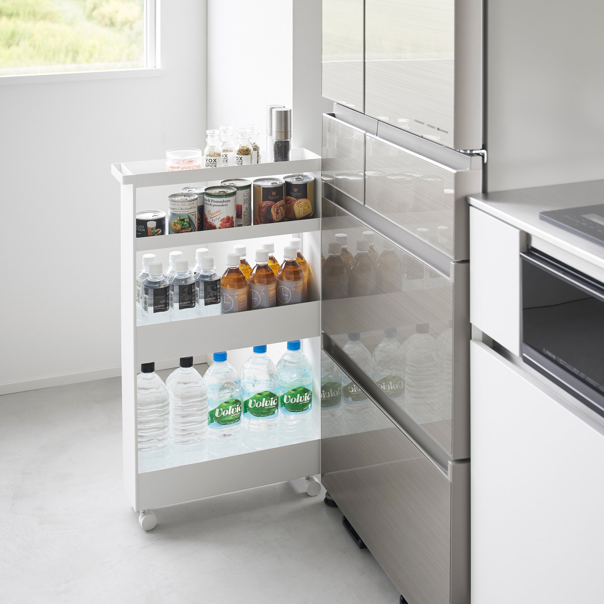 Yamazaki Home Slim Rolling Wagon, Steel, Holds 44.3 Lbs, Minimal Assembly, White