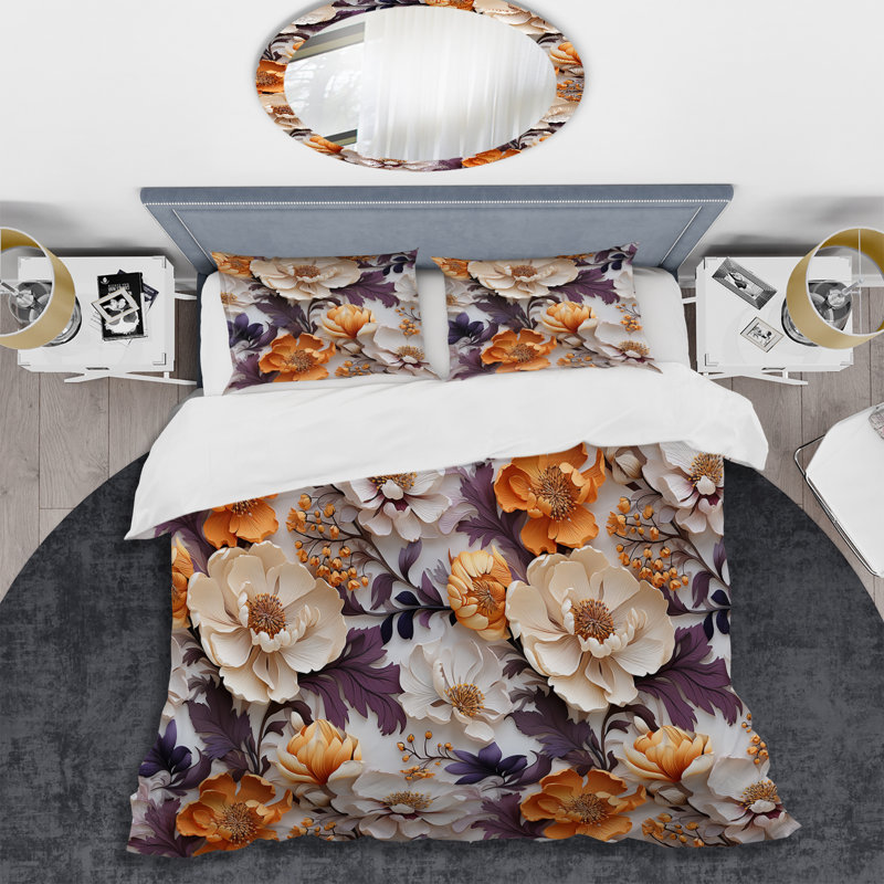 Literie, Housse de couette simple + 1 taie décorative stan, Composition de fleurs beiges et mauves de maison d
