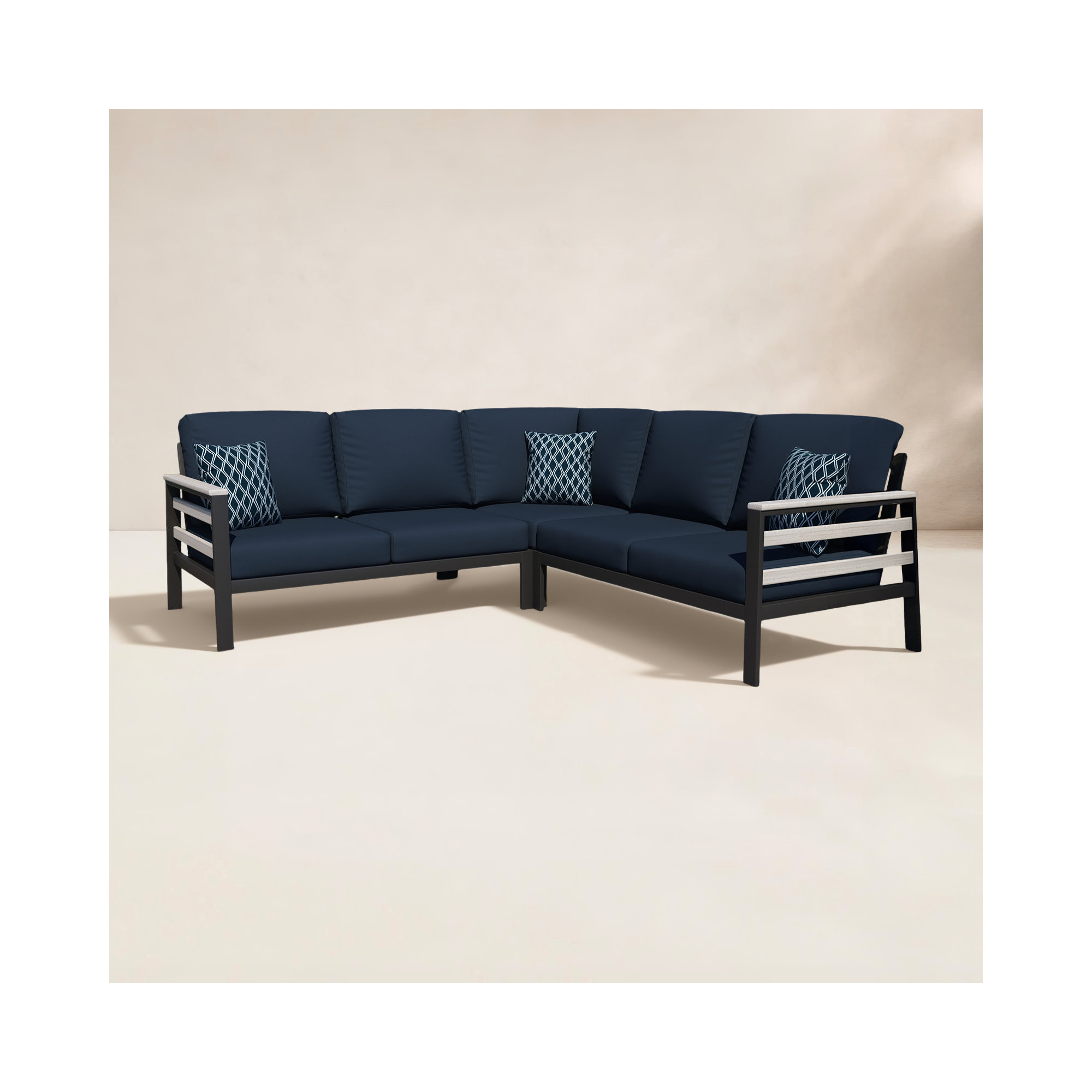 Townsend Outdoor 5 Person Sectional Seating Group With Sunbrella Cushions, Geometric, Canvas Navy Sunbrella® Canvas