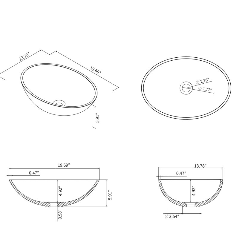 Lavabo pour salle de bain à surface solide blanc mat Minimalist - l 20,02 po x l 14,08 po x H 5,88 po