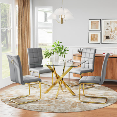 Square Pedestal Dining Set With 4 Luxury Faux Leather Dining Chairs