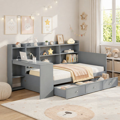 Wooden Daybed with 3 Drawers, USB Ports, and Desk, Perfect for Space-Saving and Modern Living
