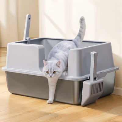 Litière pour chat en acier inoxydable avec couvercle, y compris pelle, très grande litière pour chats