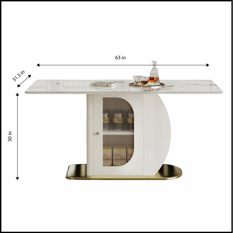 Table de salle à manger moderne 63 pouces pour 4 à 6 personnes, table de cuisine avec tablette de rangement et armoire en acrylique, plateau en pierre frittée et base en bois doré