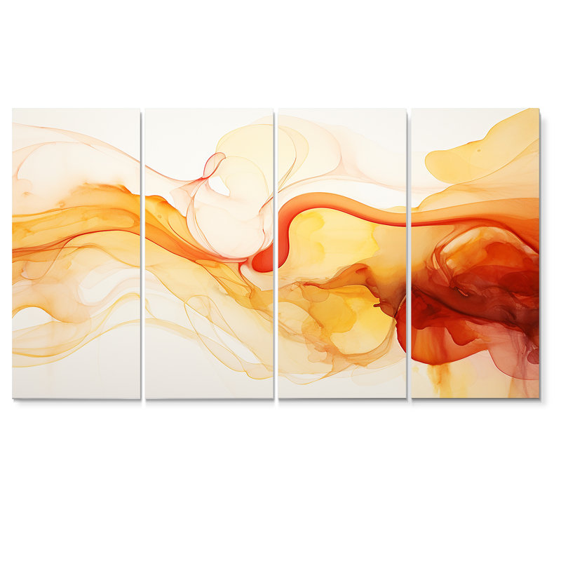 Ensemble de 4 décorations murales abstraites à l'encre liquide jaune et orange, H 32 po x l 64 po