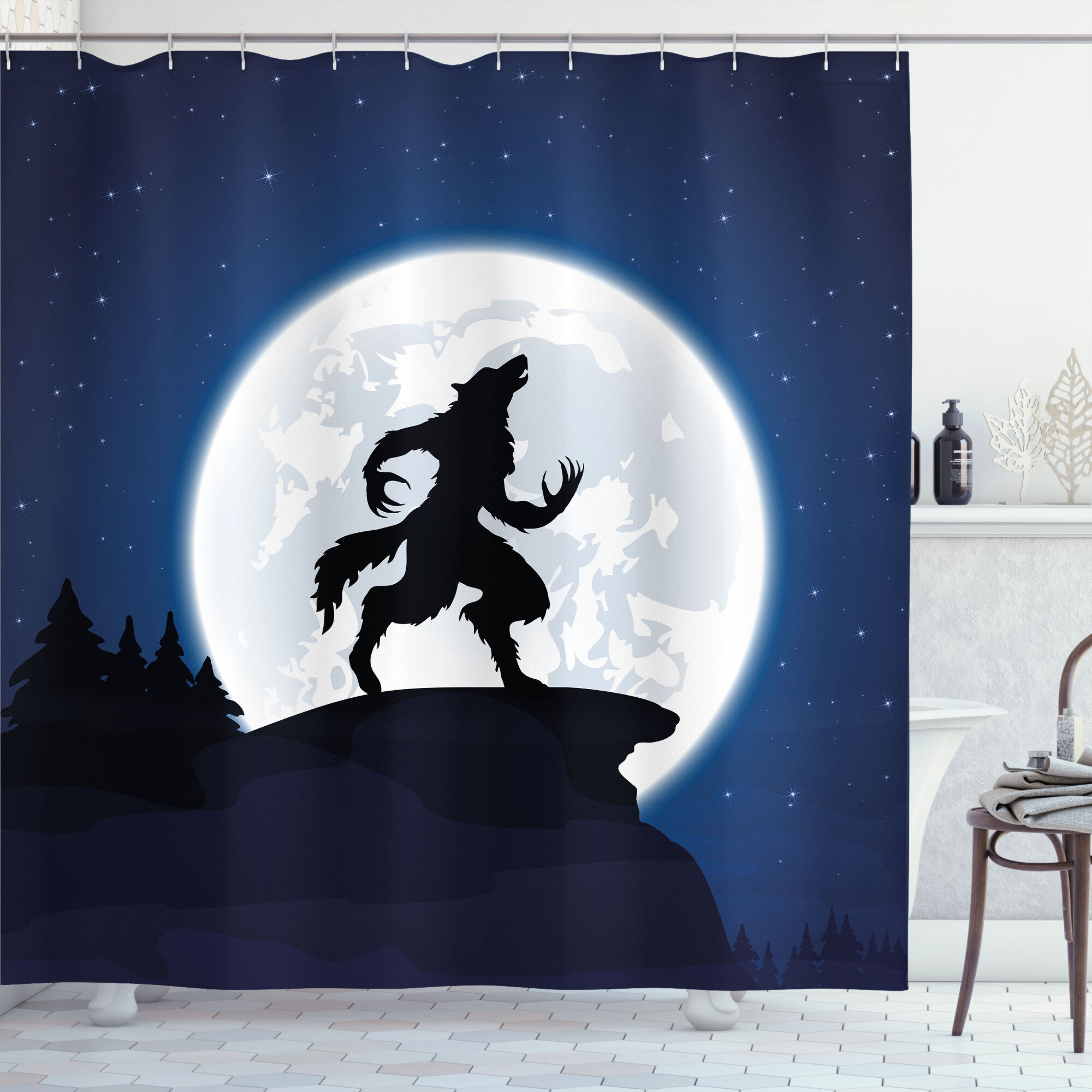 4/3/1 Pcs Bathroom Decor Full Moon Night of Wolf Cool Bathroom Set  Waterproof Shower Curtain Non-Slip Toilet Mat Rugs Set