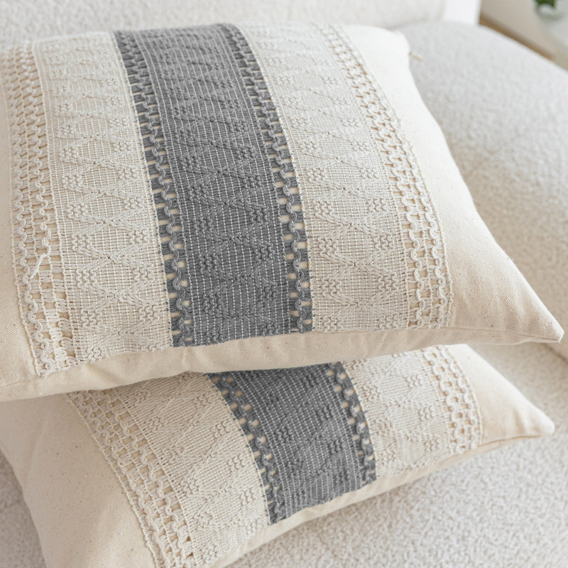 Barossa Design Boho Embroidered Geometric Cotton Blend Pillow Cover, Gray, Square 18"