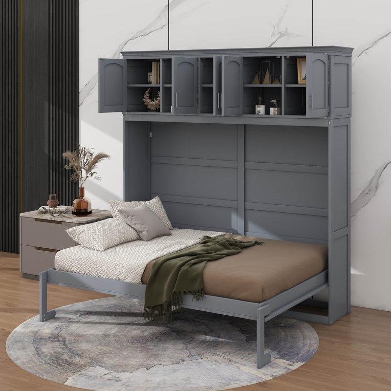 Grand lit escamotable avec armoires supérieures, Gris