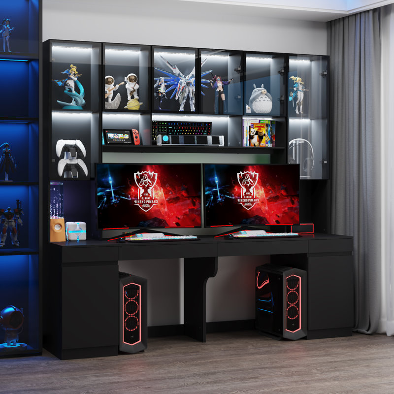 90.6"W Computer Desk With LED-Lit Display Cabinets & Ample Storage