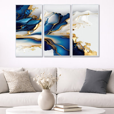 Abstract Geode Gold And Blue Marble Shape III - 3 Piece Print on Canvas