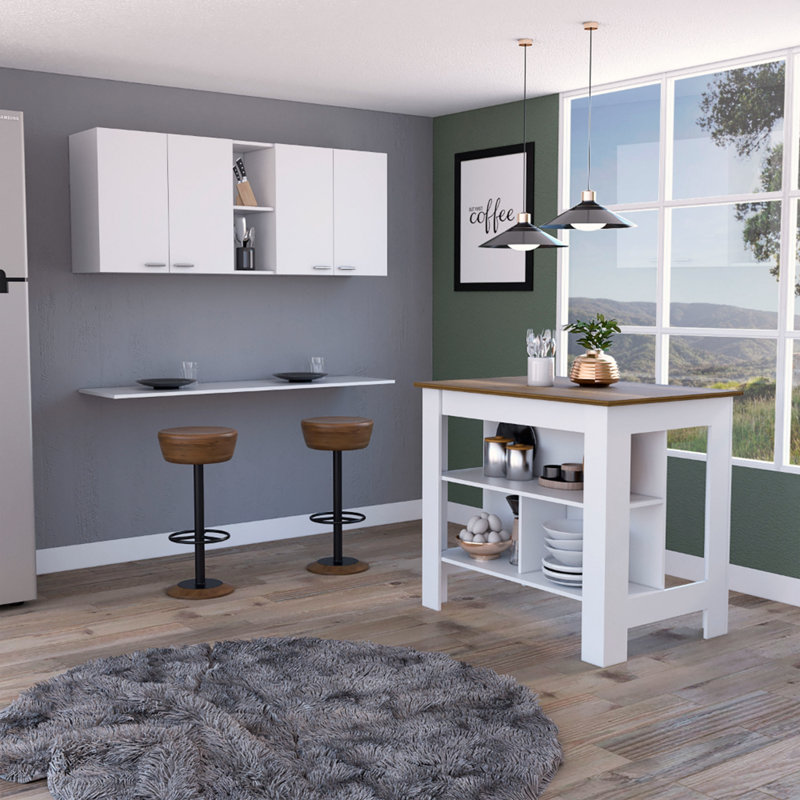 7-Shelf 4-Door 2-piece Kitchen Set, Upper Wall Cabinet and Kitchen Island White and Walnut, White/Walnut
