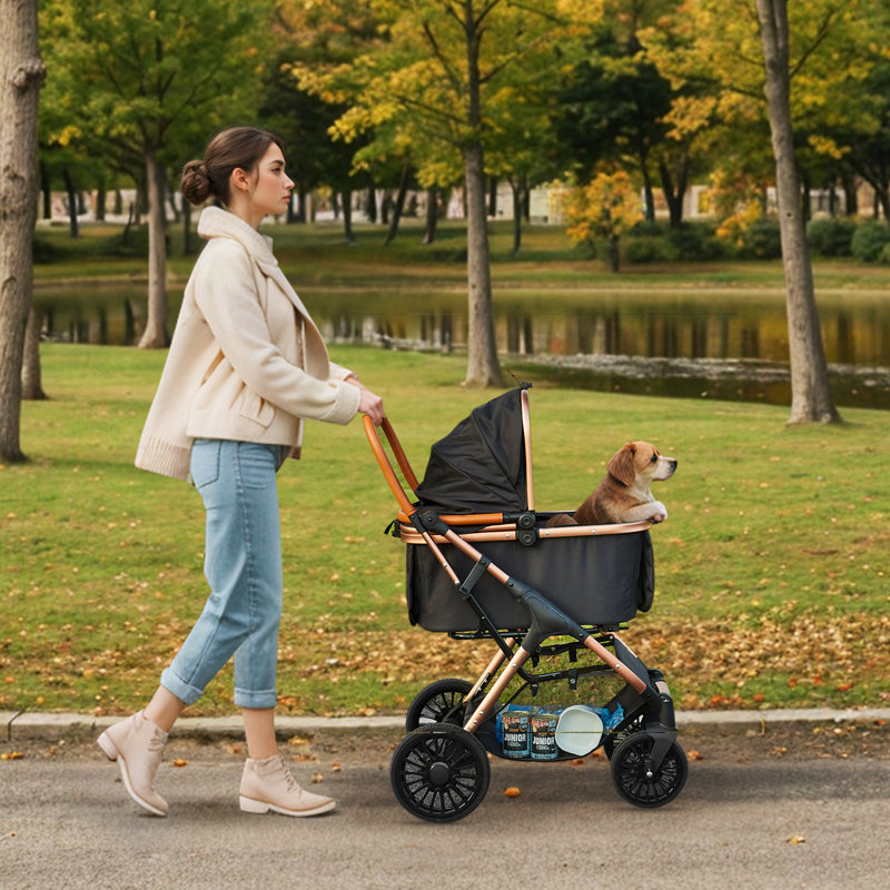 Pet Stroller, 4 Wheels Dog Stroller Rotate with Brakes, 66 lbs Weight Capacity, Puppy Stroller with Detachable Carrier, Storage Basket and Pet Pad, Black, Designed for Small to Medium Sized Dogs