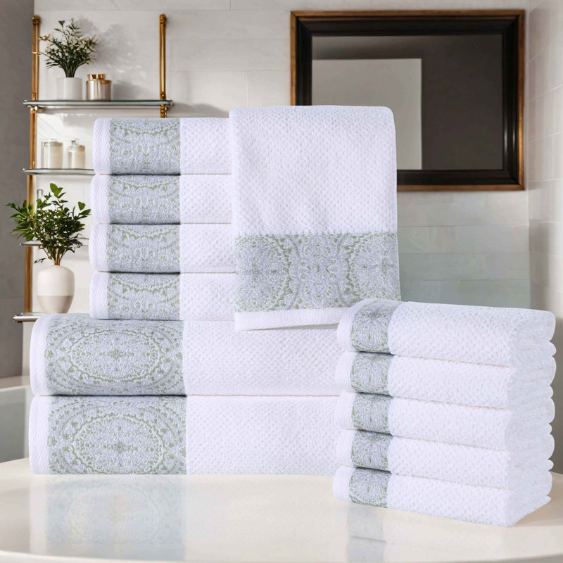 Ludwicka Medallion Cotton Jacquard Textured Soft Absorbent 12 Piece Assorted Bathroom Towel Set, Silver