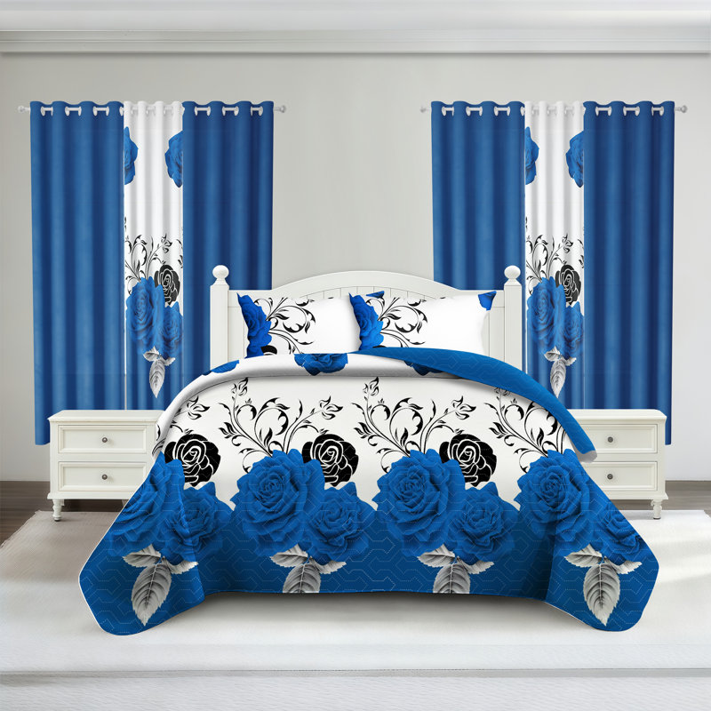 Queen Size 9-Piece Royal Blue & Black Rose Bedding & Curtain Set (Queen) - Quilted Microfiber Bedspread + Sheer Drapes