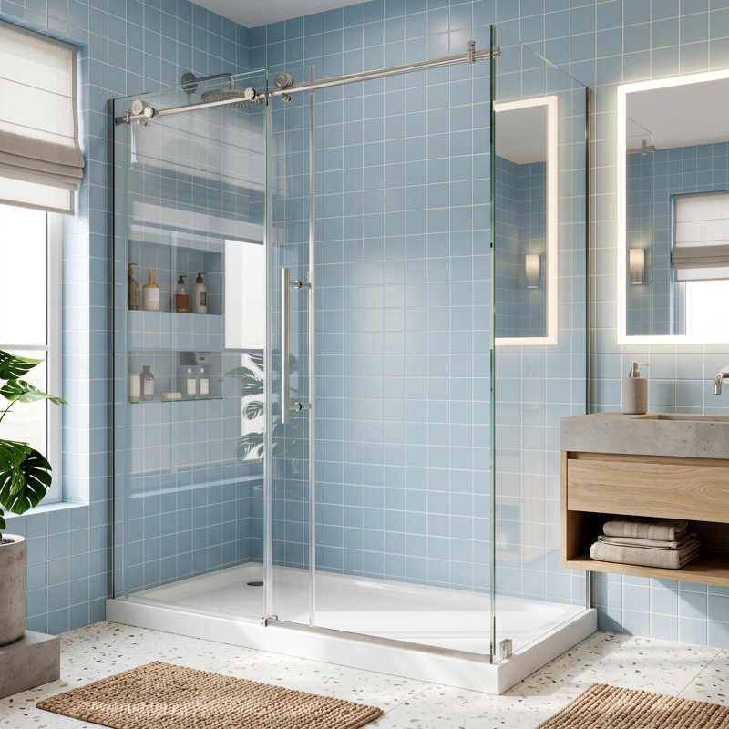 56–60" W x 34" D x 72" H Frameless Sliding Corner Shower Enclosure with 8mm Tempered Glass, Brushed Nickel