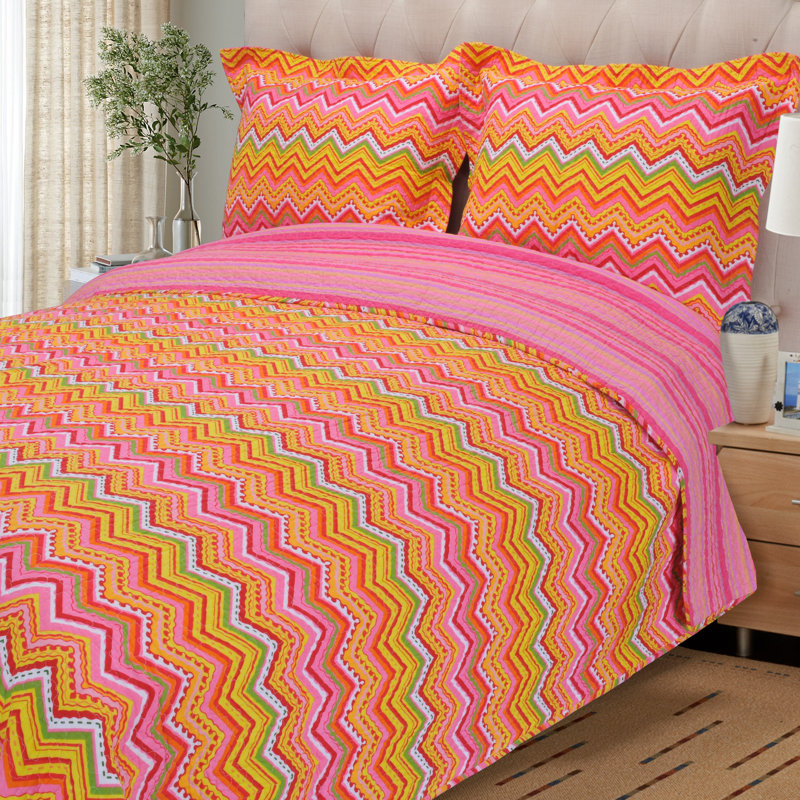  Ensemble de courtepointe réversible Zig Zag, Orange, Courtepointe très grand et 2 très grandes taies 