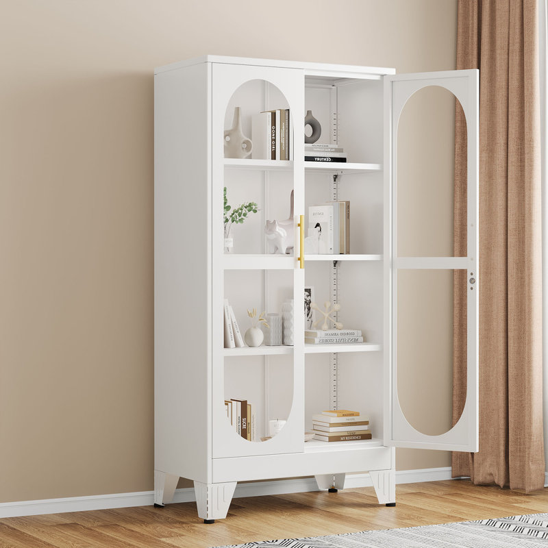  Modern Glass Door Display Cabinet with 3 Adjustable Shelves, White