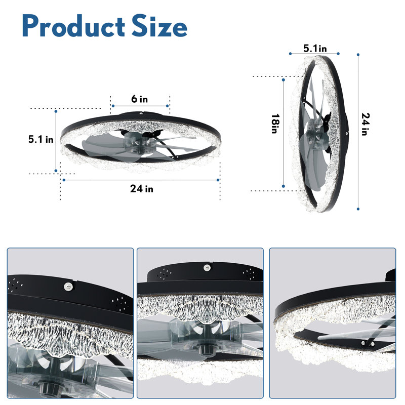  Crystal Flush Mount Ceiling Fan With Light And Remote, Black Ceiling Fan For Bedroom, Living Room, 24" Wide