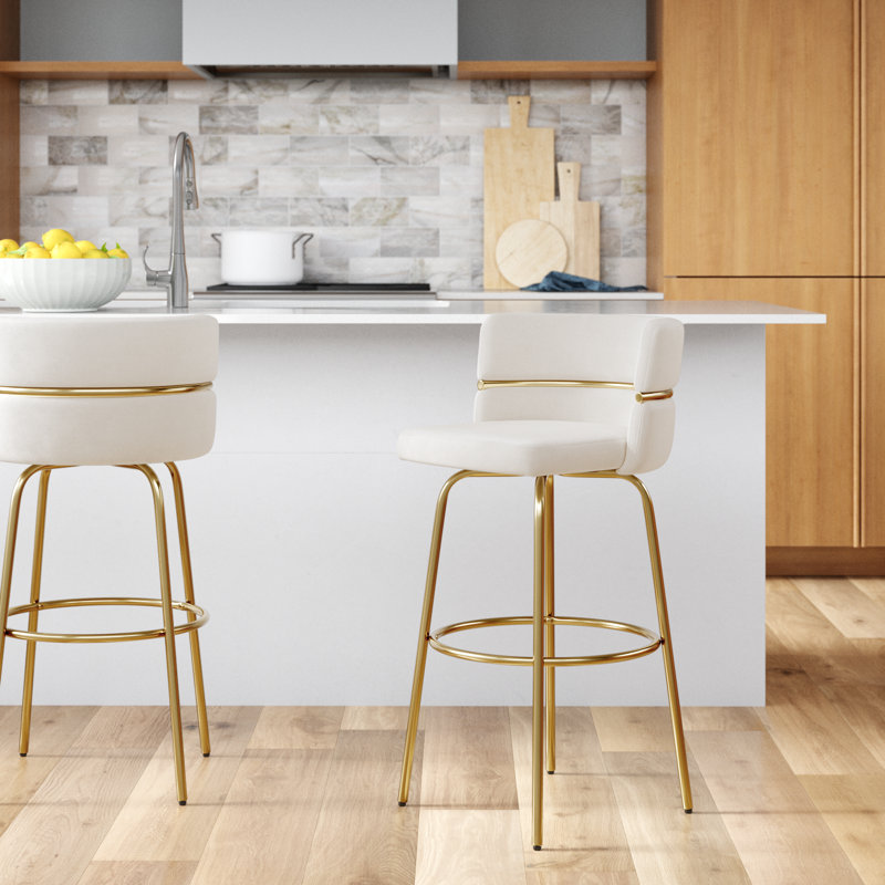 Tabouret de bar et de comptoir Laurenzio, Velours crème / cadre doré, Tabouret de comptoir (assise à une hauteur de 25,