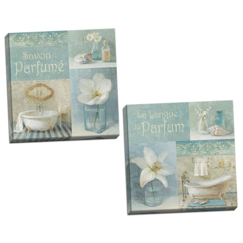 «Lovely Teal and Light Blue French Clawfoot Bathaign and Floral», ensemble de 2 impressions sur toile tendue