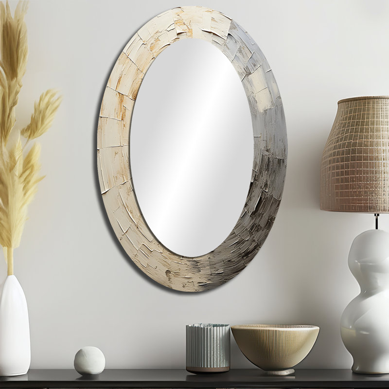 Grey Beige Meditative Movement - Large Oval Wall Mirror On Metal, 36" x 24"