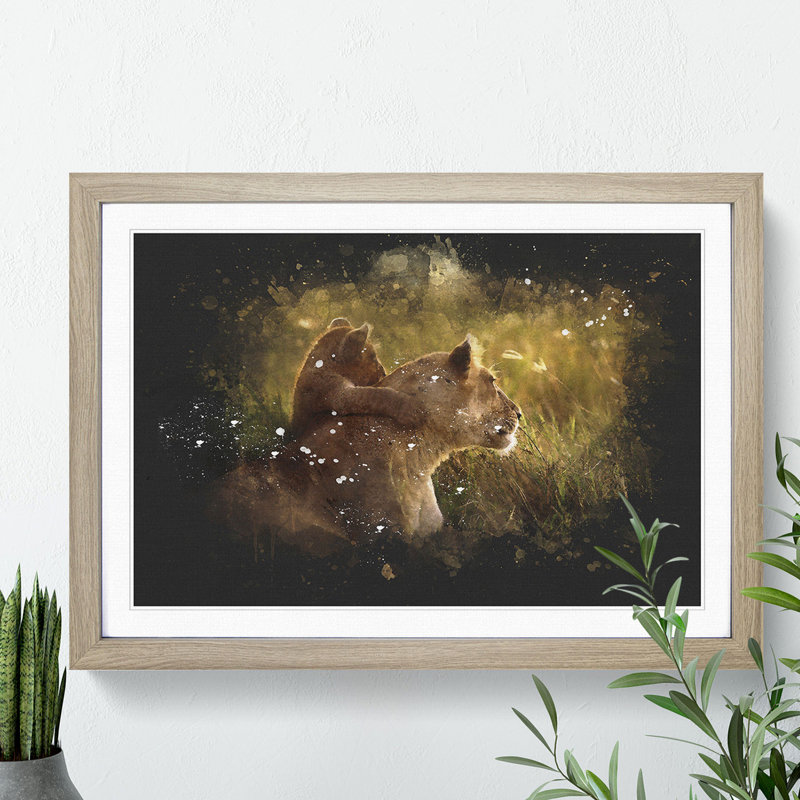 Lioness with Lion Cub - Framed Print, 27cm H x 36cm W x 2cm D, Walnut Framed