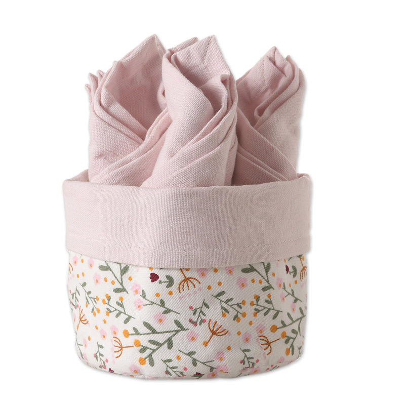  Handmade Gentle Pink Cotton Napkins And Basket (Set Of 6)