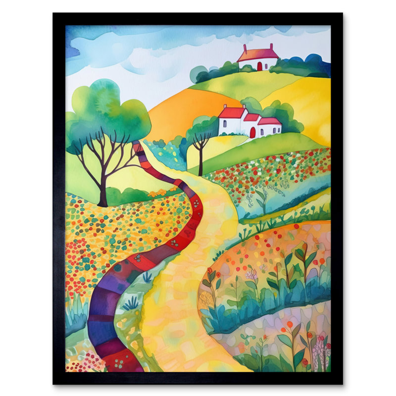 Countryside Path In Spring Folk Art Landscape Watercolour Painting Artwork Framed Wall Art Print 9X7 Inch