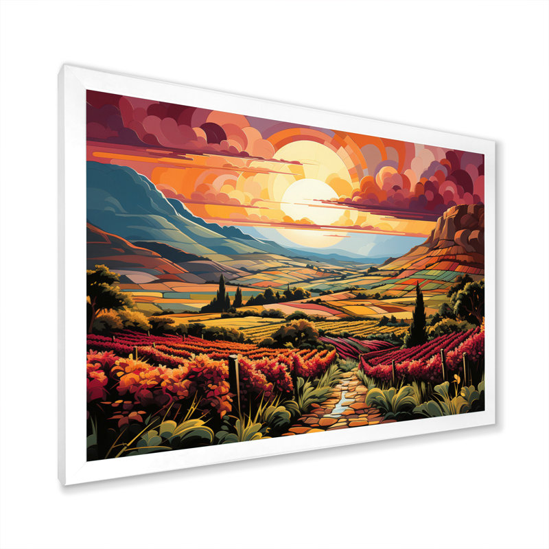«Vineyard Sunset Rows Of Ruby Landscape II», reproduction sur toile, H 16 po x l 32 po x P 1 po, Cadre photo blanc