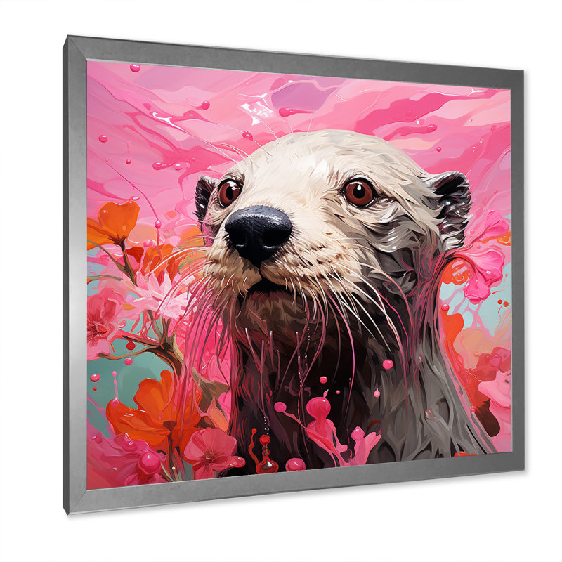 Artistique, loutre rose aquatique, H 16 po x l 16 po x P 1 po, Cadre simple argenté