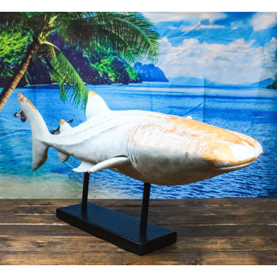 Grande sculpture de faux requin-baleine marine nautique sur support noir de 37 po de longueur