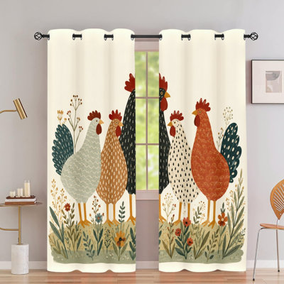 2PCS Grommet Top Cute Rooster Farmhouse Pattern Printed Curtain Drapes, Thermal Insulated Blackout Room Darkening Curtains with Privacy Protection, Indoor Window Panels for Living Room Bedroom Kitchen Dormitory Home Decor