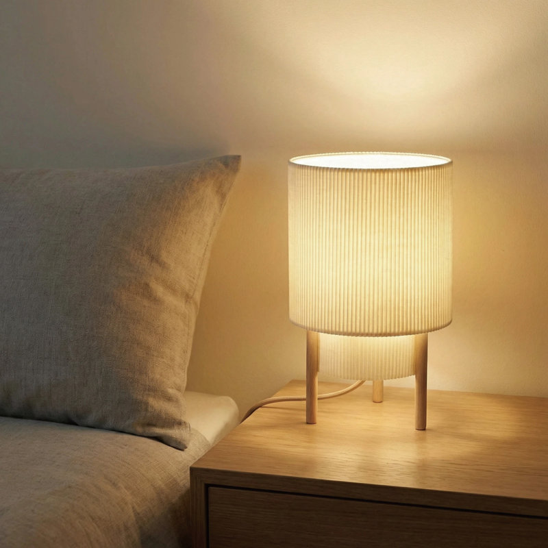 Lampe de table tambour moderne de 10 po avec abat-jour en tissu et base en bois, douille E12, interrupteur à intensité variable avec contrôle de la température de couleur, lampe décorative pour chambre à coucher, salon et hôtel