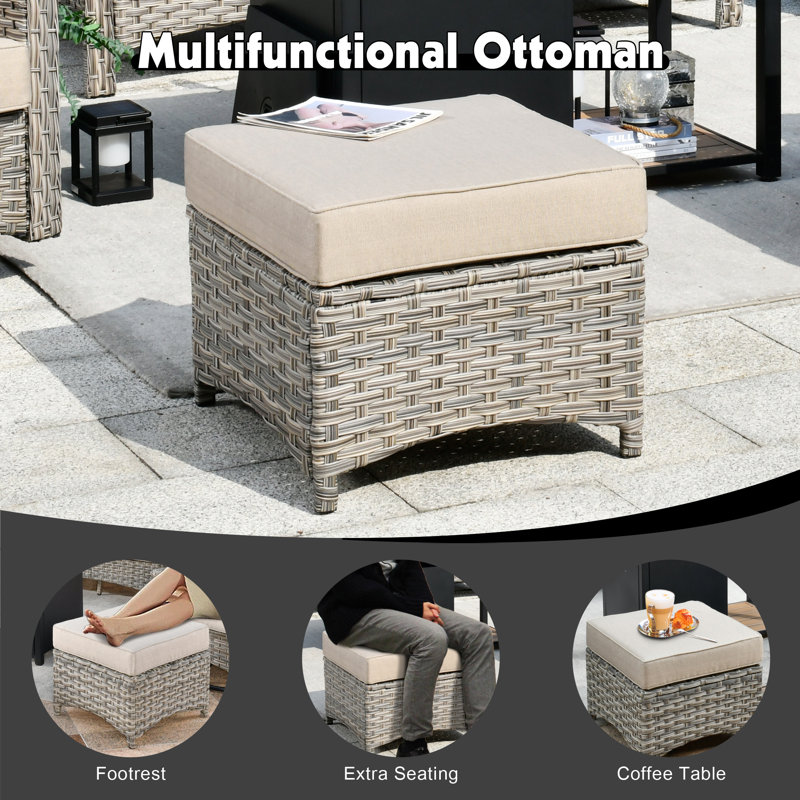 6 Piece Patio Furniture Conversation Sets With Solar Light Table,Outdoor Wicker Furniture With Ottoman, All Weather Resistant Outside High Back Rattan Patio Set
