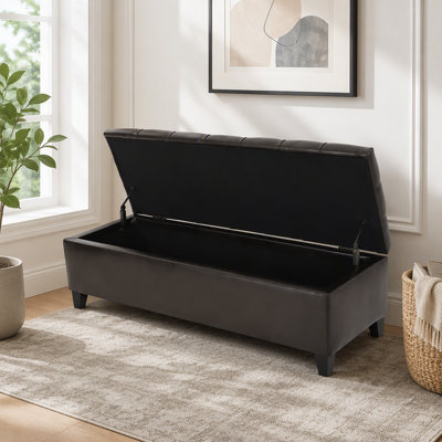 Banc repose-pieds avec rangement, surface en polyuréthane, pieds en bois d'hévéa