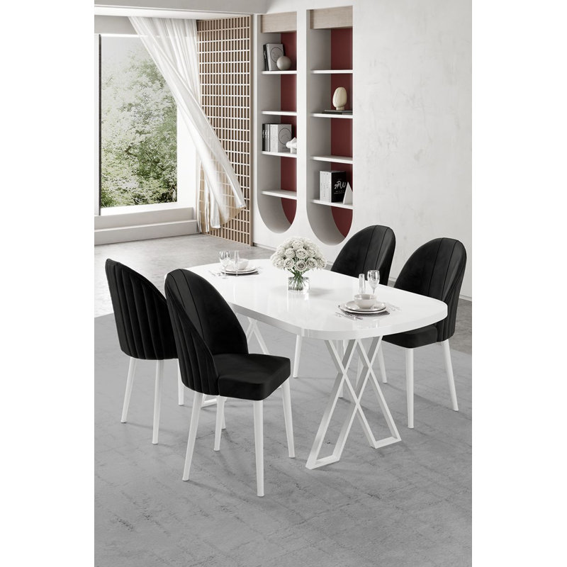 Ensemble de table et chaises de salle à manger (5 pièces), Noir, Ensemble de cinq pièces : table, quatre chaises, Blanc